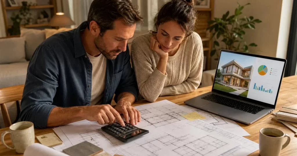 Pareja calculando presupuesto de construccion de su casa con planos y portatil, calculadora de costes de construccion 2025