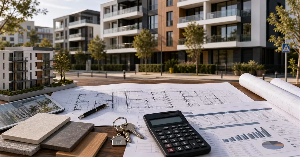 Analisis de rentabilidad inmobiliaria con planos calculadora llaves maqueta y edificio residencial moderno