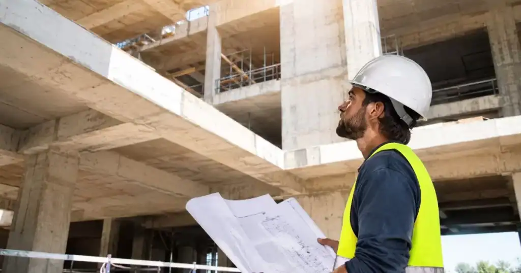 Arquitecto tecnico inspeccionando calidad constructiva en edificio en construccion con planos