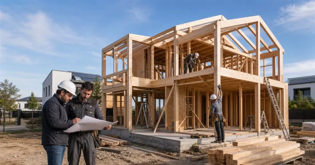 Casa de madera estructural en Zaragoza con entramado de madera cimentacion y arquitecto revisando planos