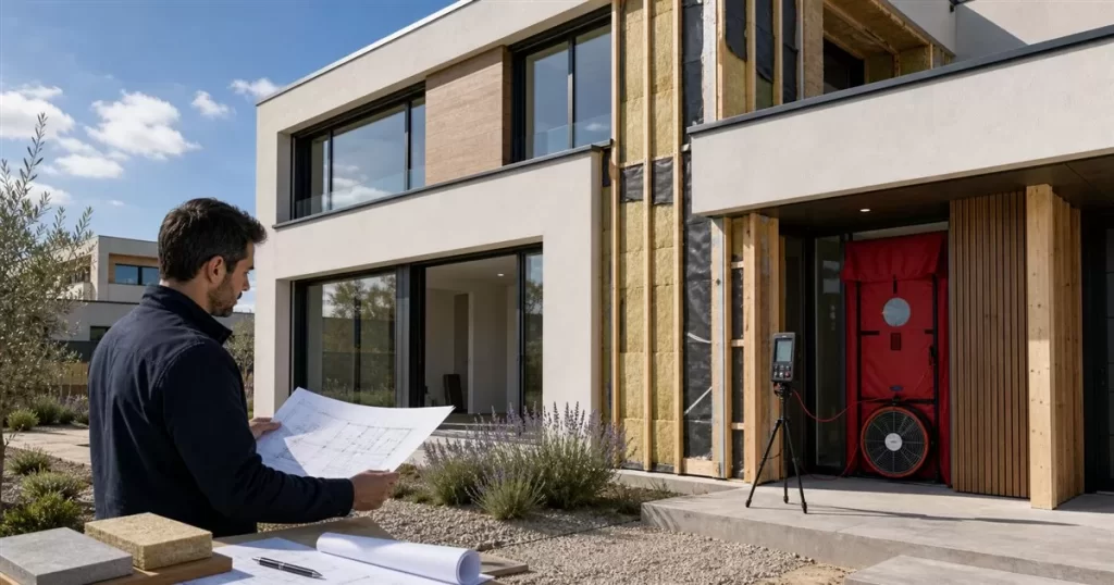 Casa Passivhaus en Zaragoza con aislamiento continuo prueba de estanqueidad y arquitecto revisando planos