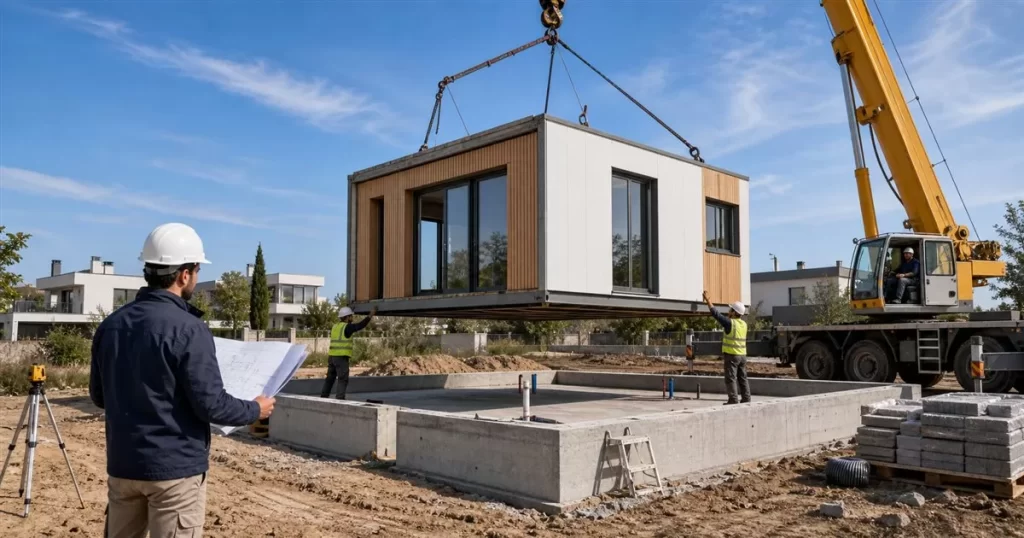 Casa prefabricada modular en Zaragoza con modulo colocado por grua sobre cimentacion de hormigon