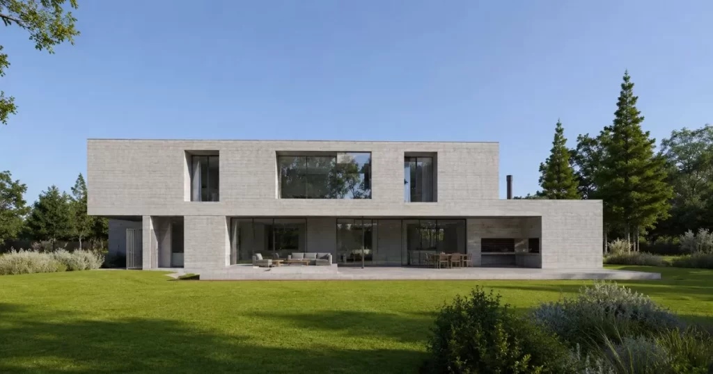 Casa unifamiliar moderna de hormigon prefabricado con grandes ventanales