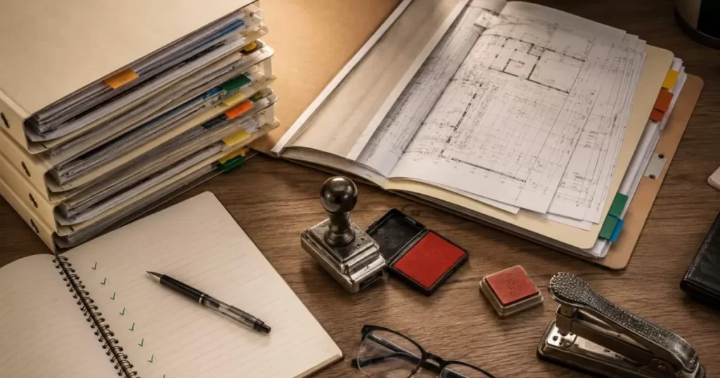 Carpetas archivadoras del expediente municipal de licencia de obra en Zaragoza con sello, tampón de tinta roja, planos arquitectónicos y libreta con checklist