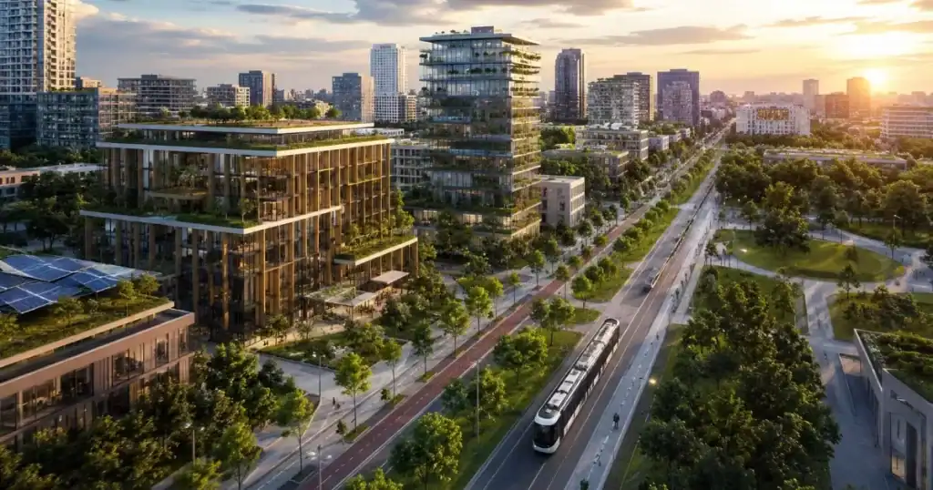 Vista aerea de una ciudad inteligente con edificios sostenibles, tranvia y zonas verdes, el futuro urbano que ya estamos construyendo