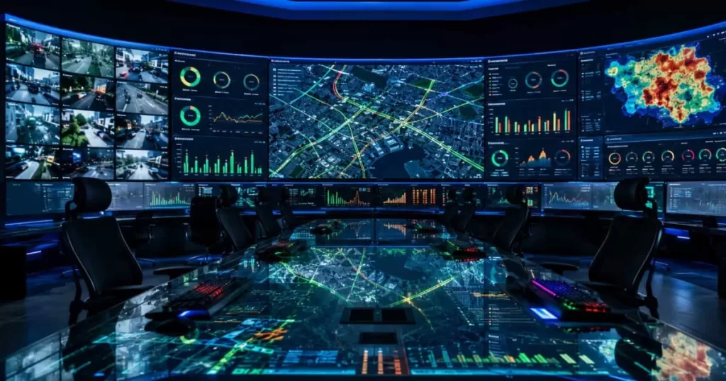 Sala de operaciones de control inteligente smart city con pantallas curvas mostrando mapas digitales de tráfico, calidad del aire, mapa térmico de población, consumo energético y CCTV
