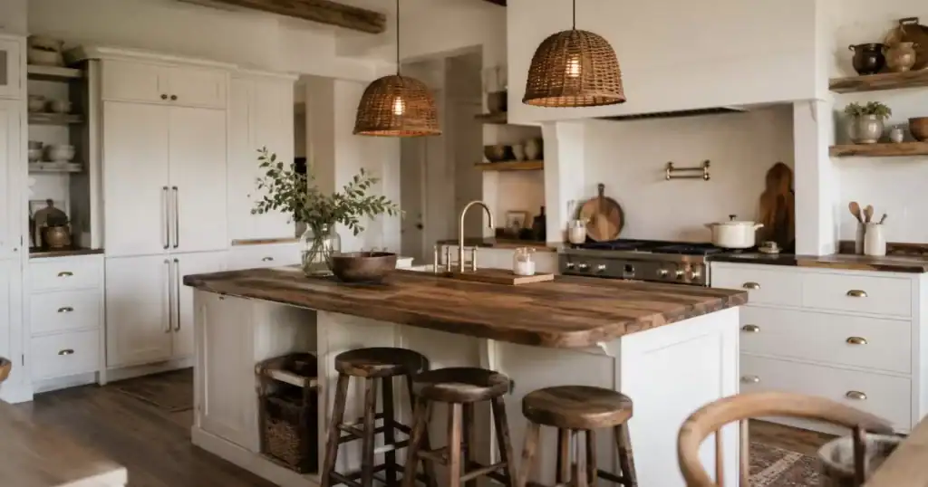 Cocina de diseno que combina muebles blancos con madera vintage ambiente calido y acogedor