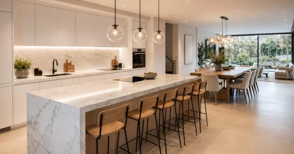 Cocina-comedor abierto con isla central de mármol blanco, taburetes de madera roble, lámparas globo cristal, mesa larga de comedor y ventanal panorámico al jardín