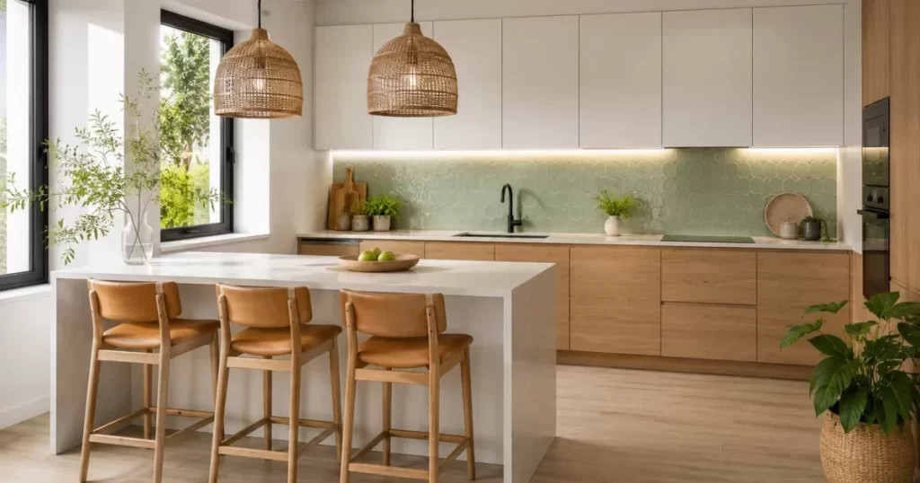 Cocina en L con península de cuarzo blanco, 3 taburetes de roble con cuero camel, muebles altos blancos y bajos roble, azulejo hexagonal verde menta y lámparas de fibra natural