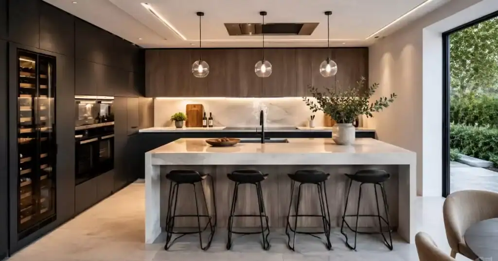 Cocina moderna 2024 con isla central muebles sin tiradores y encimera de cuarzo
