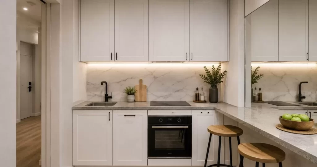 Cocina pequeña en L optimizada con muebles altos blancos mate hasta el techo, encimera fina, barra desayuno con taburetes, iluminación LED bajo muebles y vitrocerámica