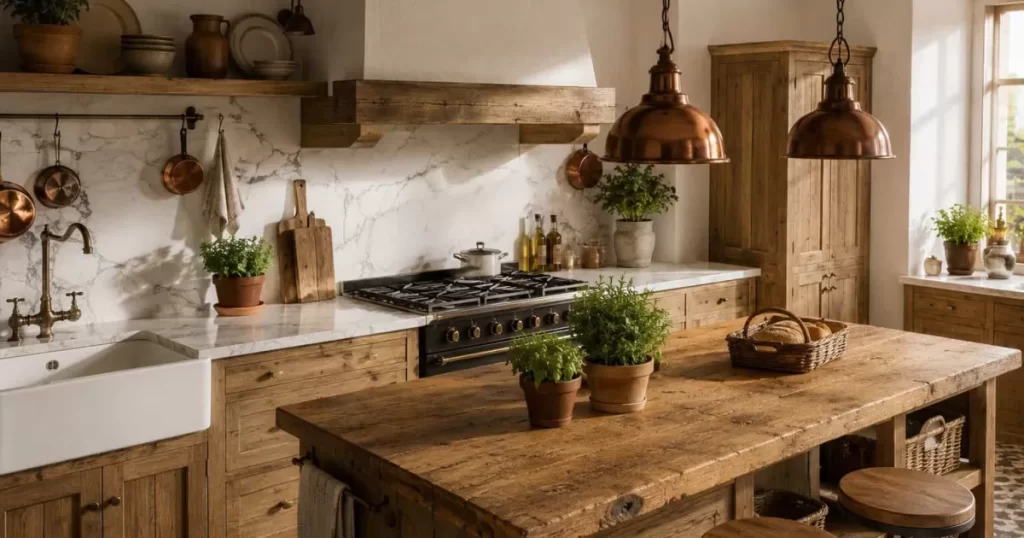 Cocina rústica española con isla de madera maciza, encimera mármol Carrara, fregadero Belfast, lámparas vintage cobre y plantas aromáticas en macetas de barro