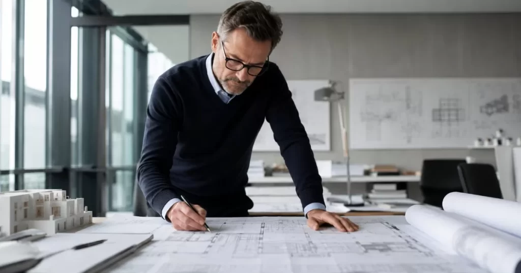 Arquitecto profesional revisando planos en un despacho