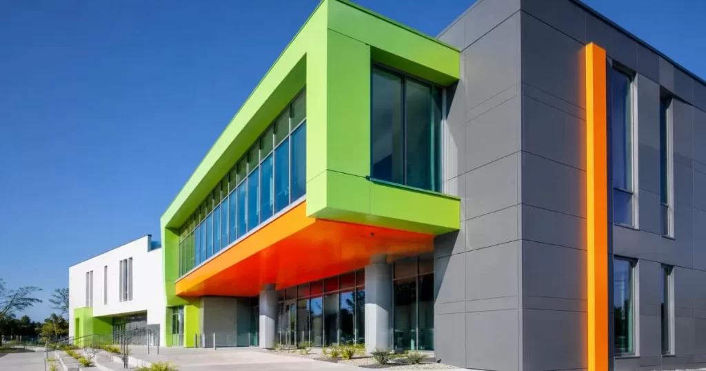 edificio contemporaneo con color fluor en la fachada