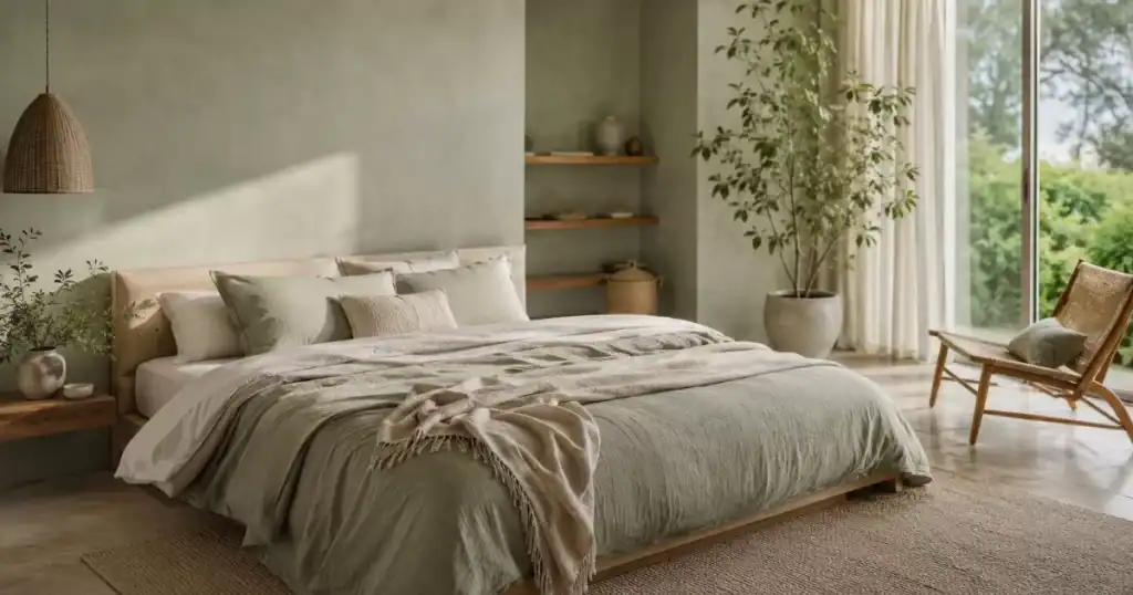 Dormitorio sereno en tonos pastel verde salvia y neutros, diseno arquitectonico con colores que sanan
