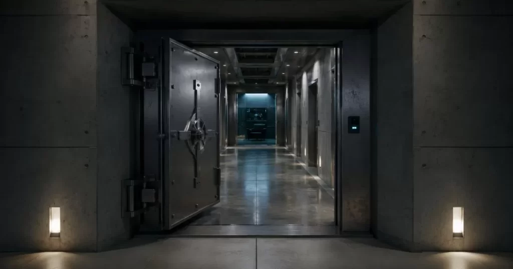 Entrada de bunker subterraneo moderno de hormigon con puerta blindada de acero