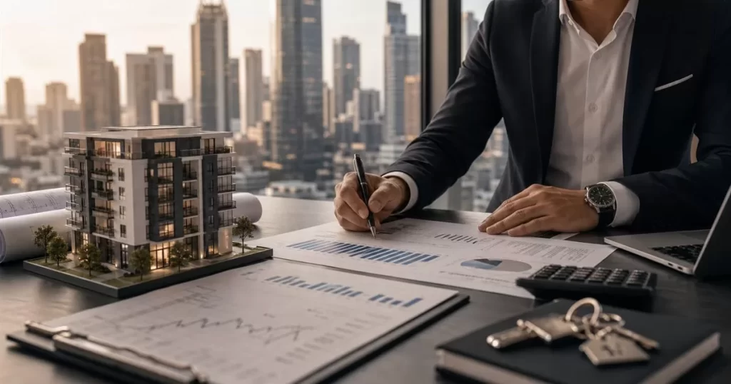 Inversor inmobiliario revisando planos datos financieros y maqueta de edificio residencial