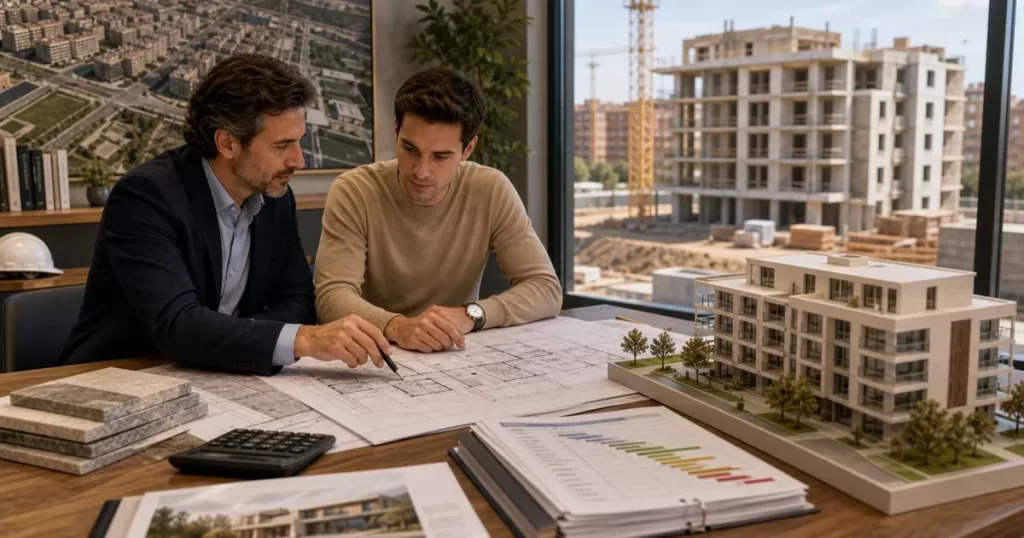 Promotor inmobiliario revisando planos con arquitecto maqueta de edificio y obra residencial al fondo