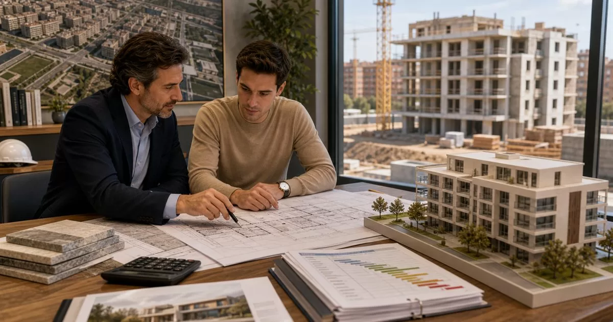 Promotor inmobiliario revisando planos con arquitecto maqueta de edificio y obra residencial al fondo