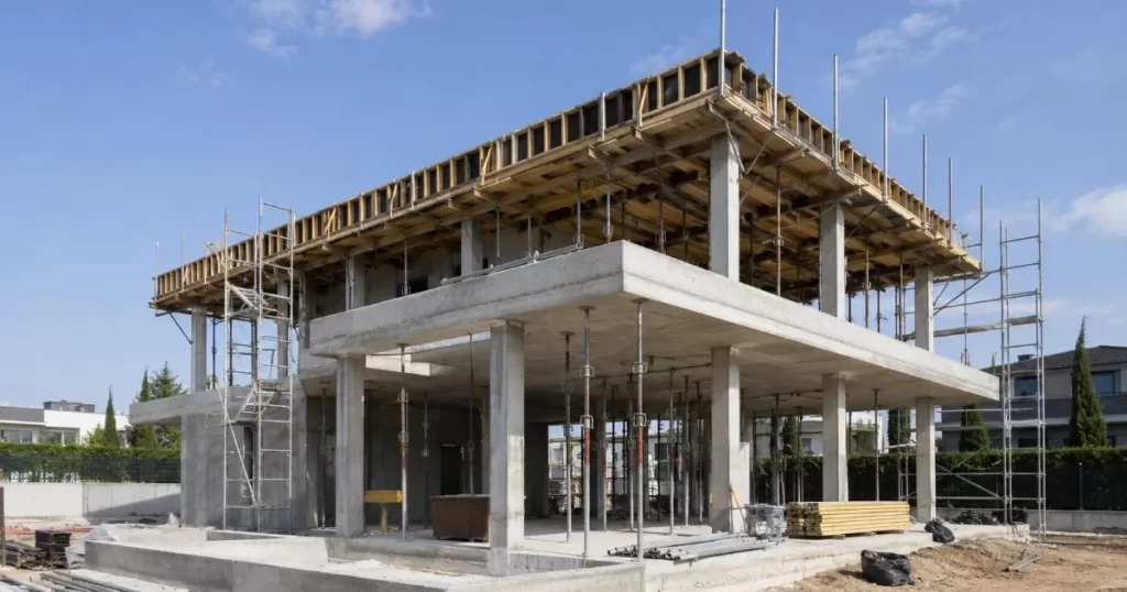 Casa unifamiliar en construccion con estructura de hormigon y andamios en Zaragoza