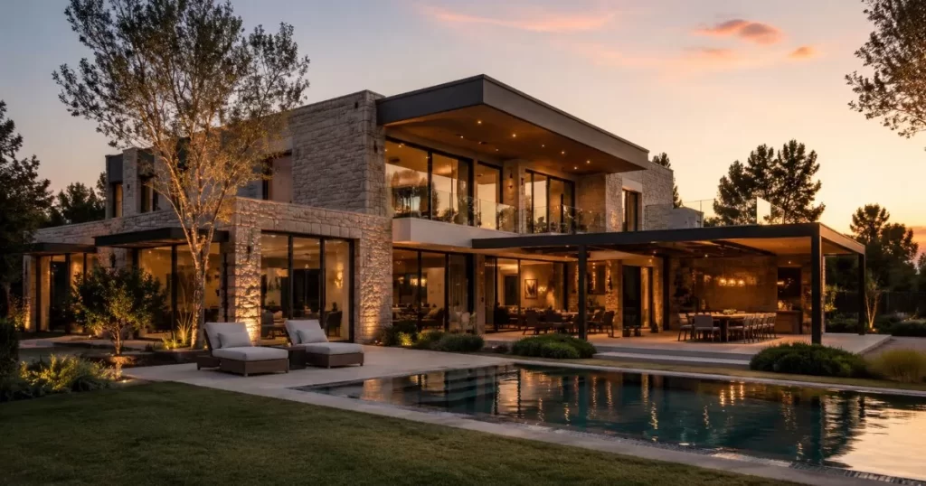 Chalet de lujo moderno con piscina y jardin al atardecer