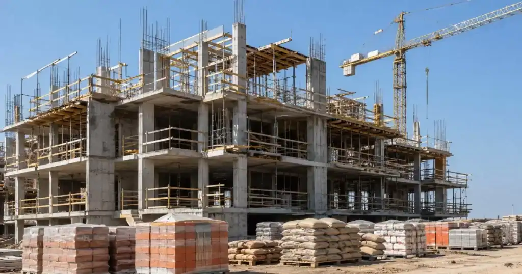 Edificio en construccion con grua y materiales ante la inflacion