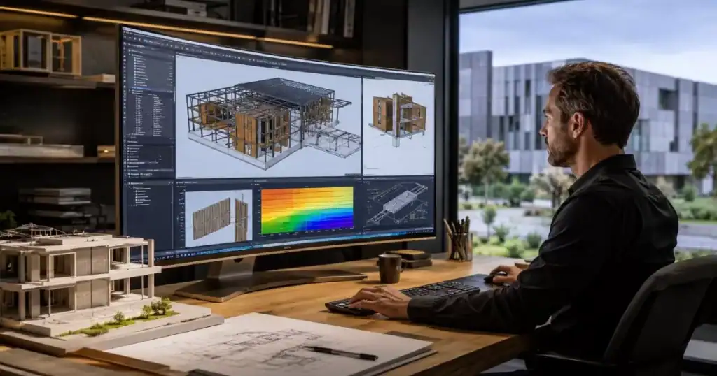 Arquitecto usando software BIM para construccion industrializada con prefabricados y eficiencia energetica