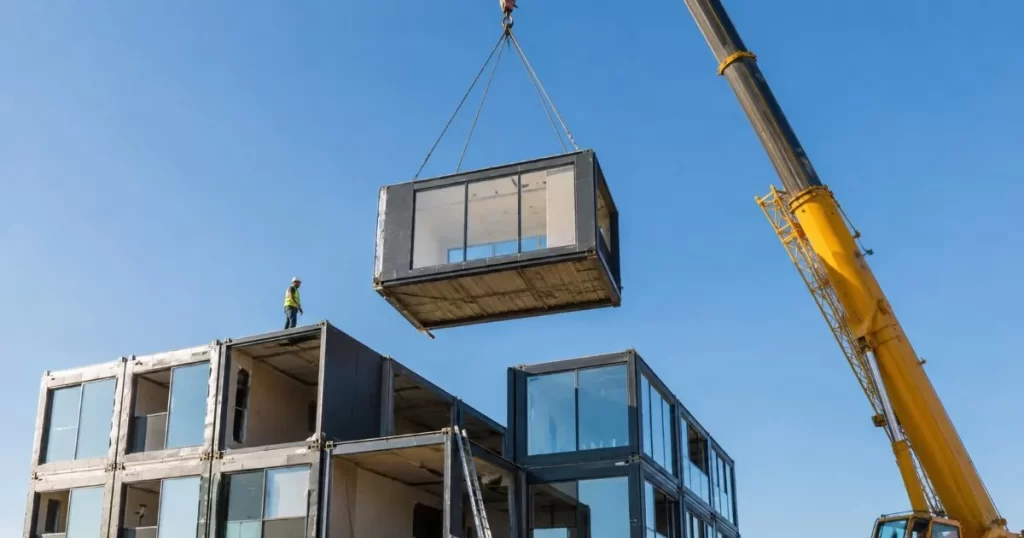 Grua colocando un modulo prefabricado de vivienda en construccion modular en obra