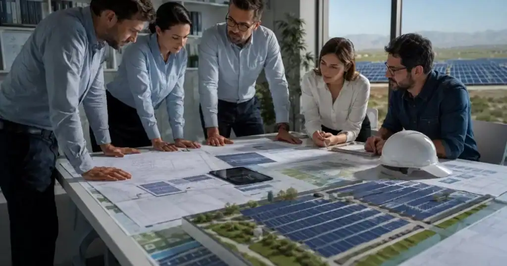 Equipo de arquitectos revisando proyecto de parque fotovoltaico con planos tecnicos y maquetas