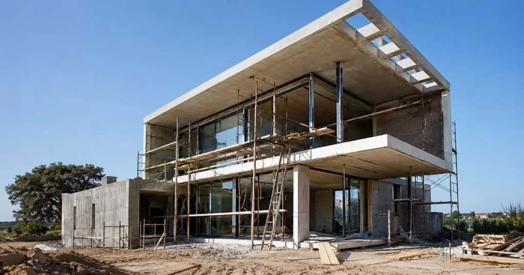 Vivienda unifamiliar moderna en fase de construccion con estructura y andamios
