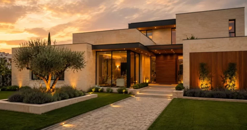 Vivienda unifamiliar moderna recién terminada con fachada de piedra natural beige y madera teca, ventanales aluminio negro, olivo y jardín mediterráneo al atardecer dorado