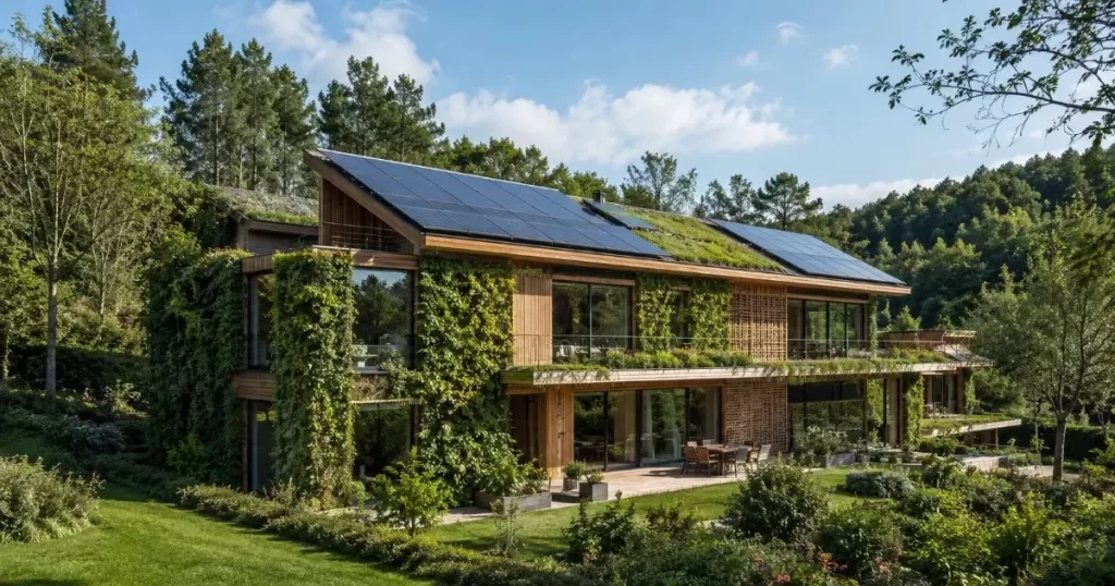 Edificio de construccion ecologica sostenible con fachada vegetal y paneles solares