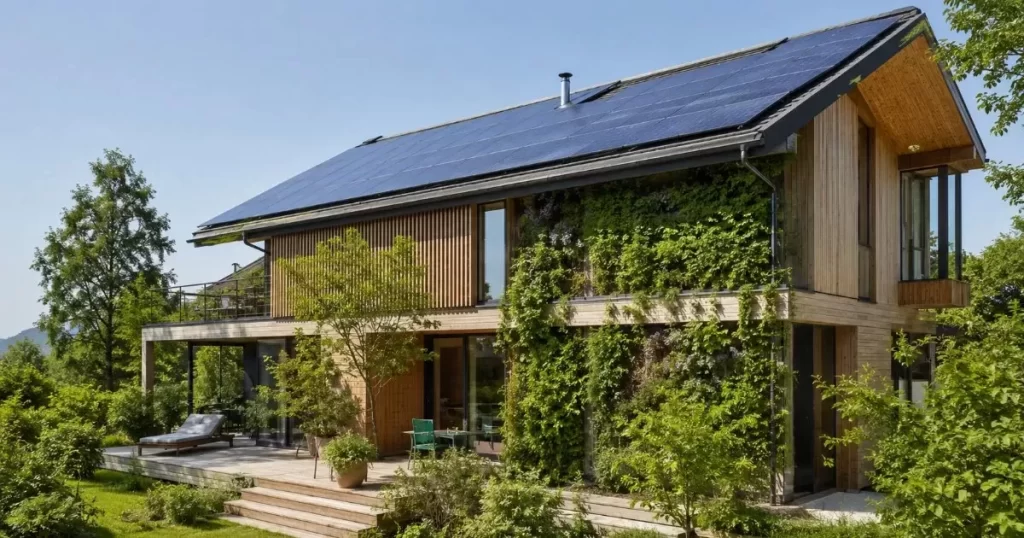 Vivienda ecologica moderna con paneles solares y vegetacion integrada