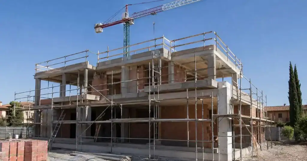 Vivienda unifamiliar en construccion en Zaragoza con estructura andamios y grua proceso de edificacion