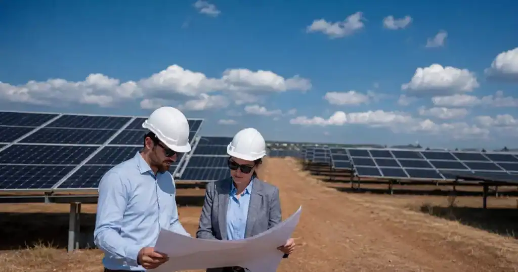 Consultoria tecnica para parque fotovoltaico con ingenieros revisando instalacion solar