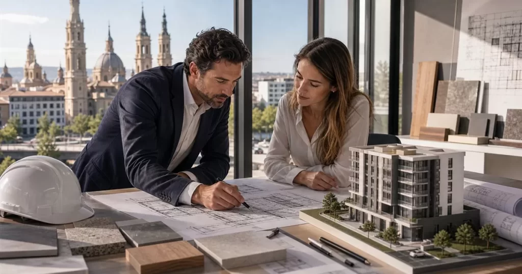 Arquitecto en Zaragoza revisando planos de construccion con cliente maqueta materiales y casco de obra