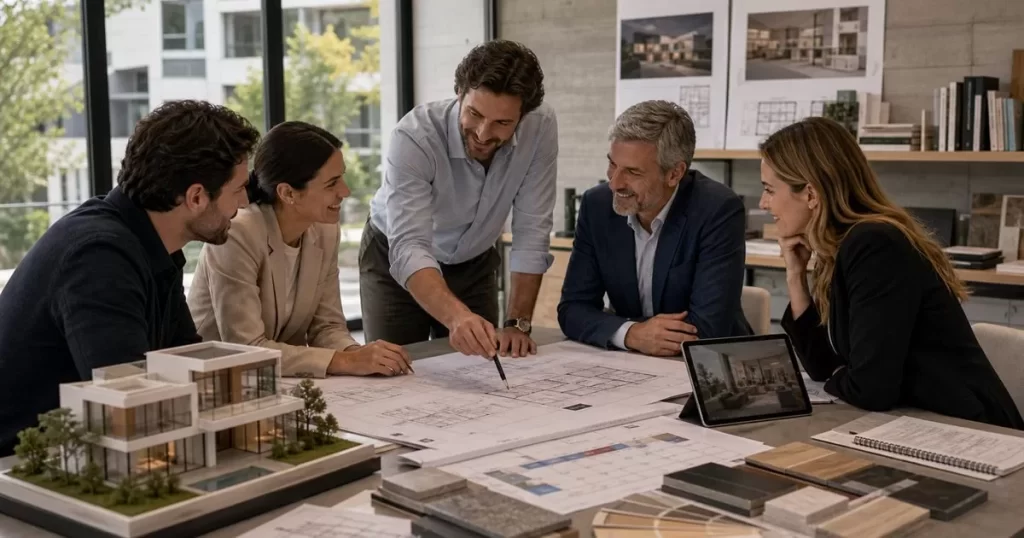 Cliente reunido con despacho de arquitectos revisando planos maqueta y materiales para el exito del proyecto