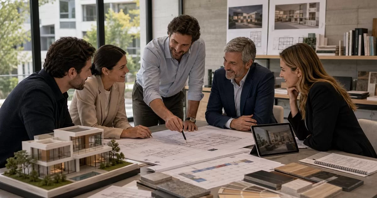 Cliente reunido con despacho de arquitectos revisando planos maqueta y materiales para el exito del proyecto