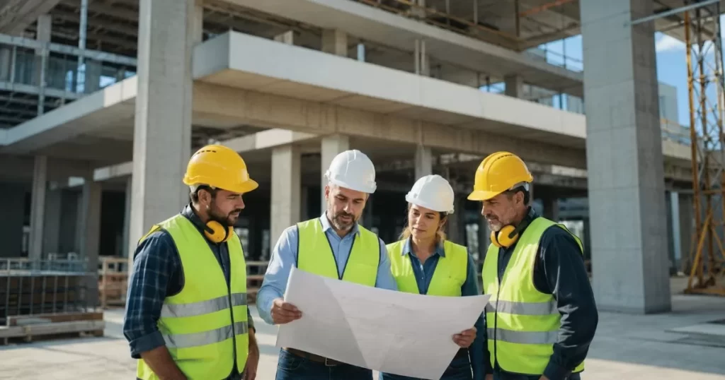 Trabajadores de la construccion con equipo de seguridad en obra revisando documentacion