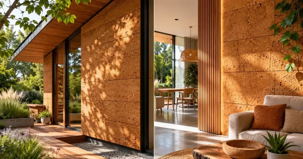 Revestimiento de corcho natural sostenible en fachada y pared de vivienda moderna