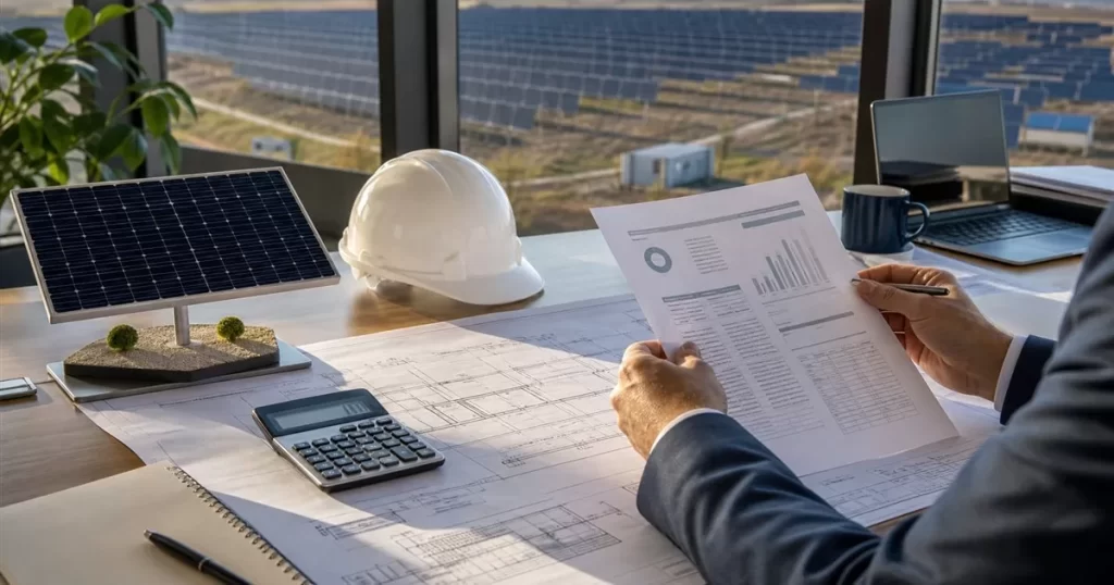 Inversor revisando presupuesto con planos de parque fotovoltaico, coste aproximado de un parque fotovoltaico