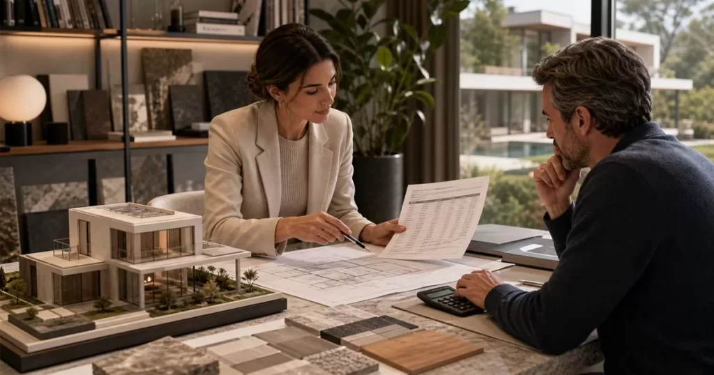 Arquitecta especialista explicando presupuesto de proyecto premium con planos maqueta y materiales de alta gama