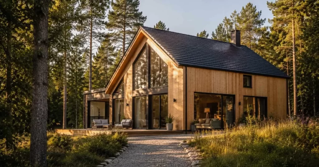Casa moderna de madera laminada CLT en bosque mixto con fachada de madera roble, ventanal panorámico de aluminio negro y cubierta a dos aguas con teja negra