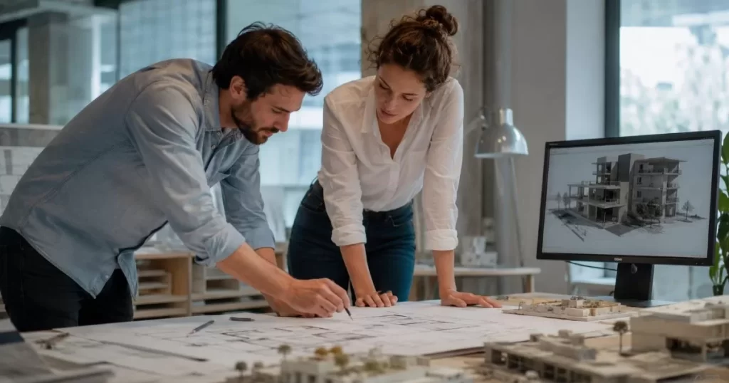 Despacho de arquitectos trabajando en un proyecto con planos y ordenador