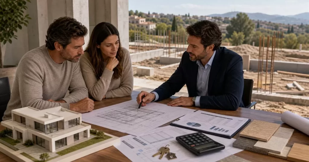 Pareja revisando credito autopromotor con arquitecto planos maqueta calculadora y obra de vivienda