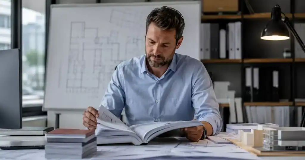 Arquitecto tecnico revisando el Codigo Tecnico de la Edificacion CTE con planos y normativa espanola