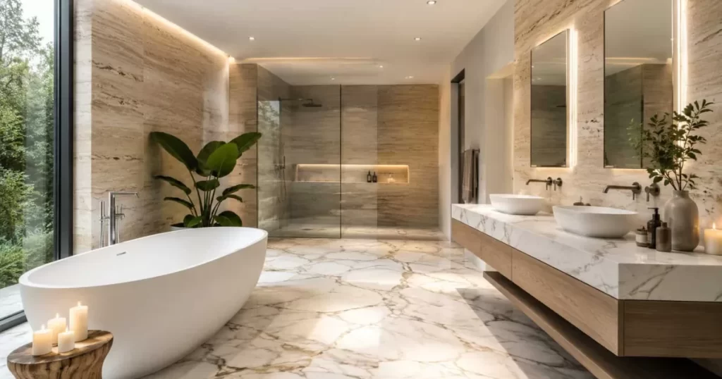 Baño moderno spa con bañera exenta ovalada blanca, suelo mármol calacatta, pared travertino, doble lavabo en mueble roble y espejos retroiluminados — diseño hotelero