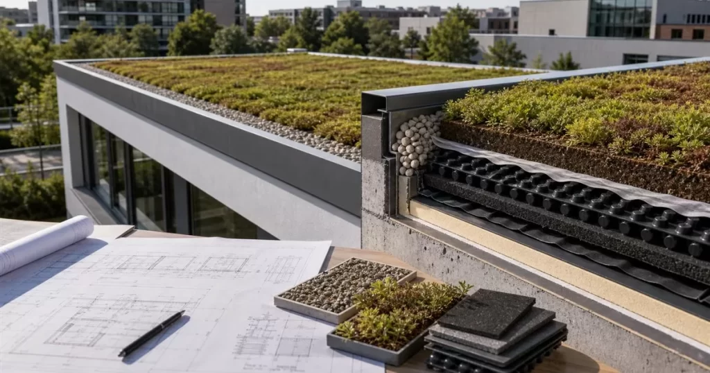 Cubierta verde con capas de drenaje impermeabilizacion vegetacion y planos tecnicos de arquitectura sostenible