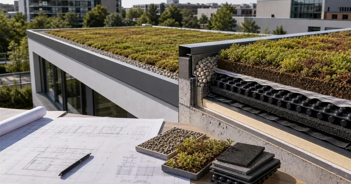 Cubierta verde con capas de drenaje impermeabilizacion vegetacion y planos tecnicos de arquitectura sostenible
