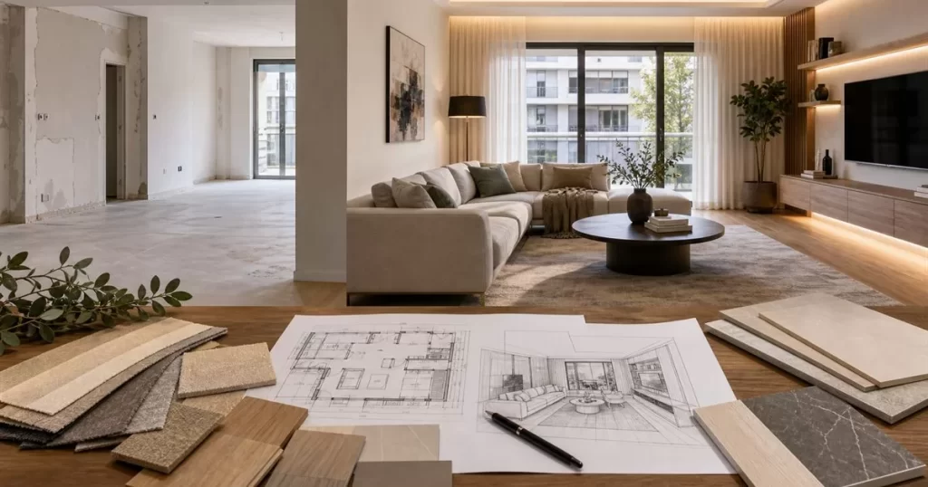 Reforma de vivienda antes y despues con salon moderno planos de interiorismo y muestras de materiales
